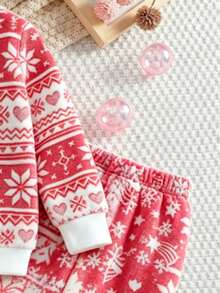 Young Girl Fluffy Casual Pants Set, Winter - Red - View 4
