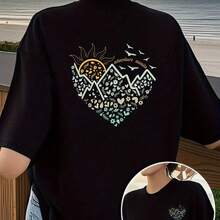 Printed T-Shirt With Front And Back Designs, Adventure Travel Motif, Mountain, Short Sleeve, Round Neck, Modern And Fashionable Casual Style, Double-Sided Print Short Sleeve T-Shirt For Women. - 黑色 - 查看 6