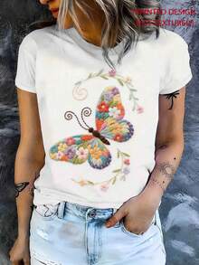 [Printed Design - No Texture] Spring T-Shirt With Floral And Butterfly Design, Imitation Print, Soft Short Sleeve Top With Colorful Butterfly Garden Style, Versatile Comfortable Casual Top For Women, New Spring T-Shirt For Women - 白色 - 查看 1