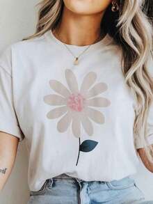 Soft, Breathable, And Lightweight For All-Day Comfort. Women's Casual White Floral Print T-Shirt - Perfect For Everyday Wear. Classic Crew Neck With A Relaxed Fit That Flatters All Body Types And Is Easy To Pair With Jeans, Shorts, And Leggings. - 白色 - 查看 3