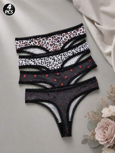 4pcs/Set Women Sexy Sheer Mesh Leopard & Strawberry Print Low-Rise T-String Lace Trim Transparent Panties Set, Daily Wear
