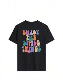 Camiseta Casual de Manga Corta con Cuello Redondo y Estampado de Letras Coloridas para Mujer, Adecuada para Primavera y Verano, Versátil y a la Moda, para Uso Diario Casual. Camiseta estampada, Mujer, Top blanco, Top rosa, Conjunto de vacaciones, Manga corta, Camisetas de mujer, Camiseta estampada, Camisetas estampadas para mujer, Camiseta de verano, Camiseta casual, Camisetas de verano, Tops, Conjuntos de verano para mujer, Camiseta casual cómoda de manga corta con cuello redondo, blusas elegantes para dama - Negro - Ver 3