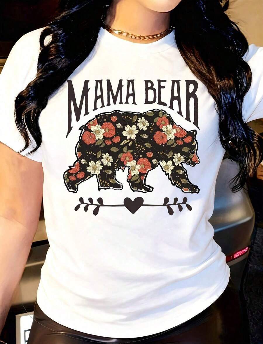 Women's T-Shirt With Floral Bear Silhouette Design, Round Neck, Short Sleeve, Casual, Suitable For Daily Outdoor Wear, Perfect For All Seasons. Suitable As A Gift. Women's T-Shirt. Blouses > Elegant. Boho Chic. Soft, Breathable, And Comfortable Women's Top, Ideal For Spring, Summer, And Autumn, Perfect For Vacations, Travel, And Everyday Wear. - 白色 - 查看 1