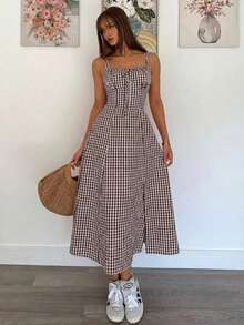 Vestido a media pantorrilla con tirantes a cuadros para mujeres, de moda y apropiado para el verano - Marrón - Ver 6