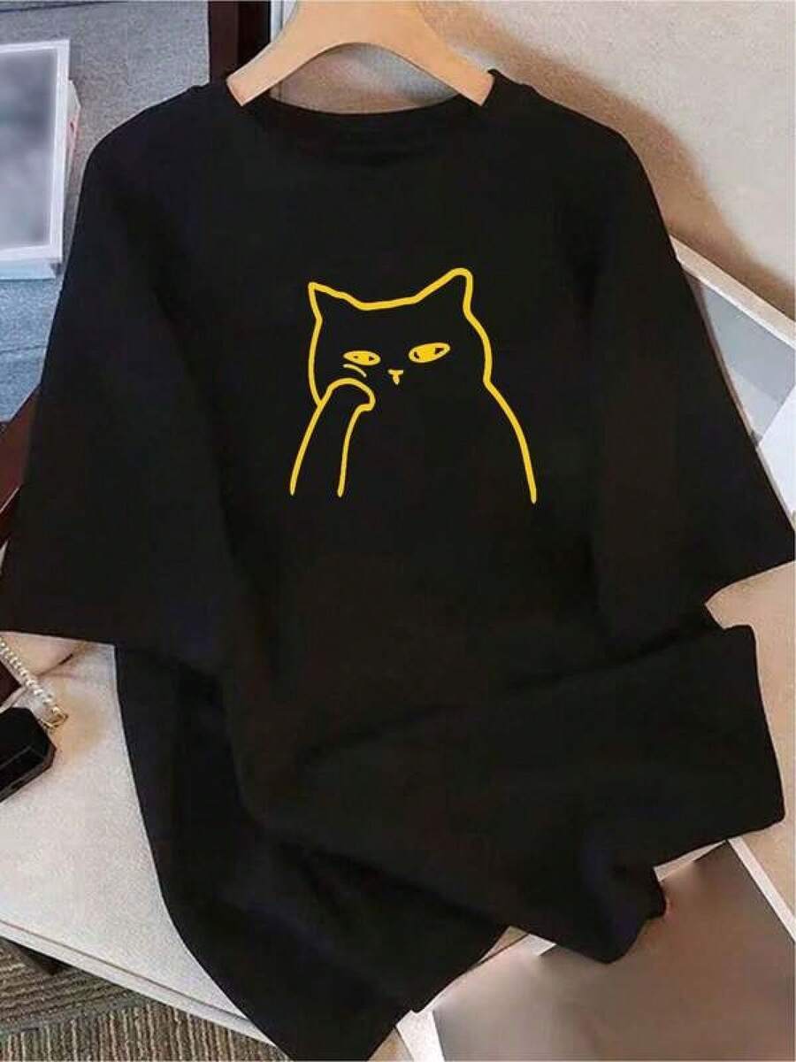 Camiseta negra informal de manga corta con cuello redondo para hombre,Camisetas Para Mujer Camiseta divertida gato negro diseño moderno ajuste cómodo estilo casual originalidad arte gráfico para amantes de los gatos tamaño L color negro moda urbana  de ropa. - Negro - Ver 1