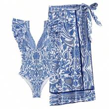 New Swimsuit Set In Blue With Vintage Print, Two-Piece Swimsuit With Skirt, Sexy Women's Swimsuit With Deep V-Neck And Lace Sleeves. - 青花瓷泳裝 - 查看 6