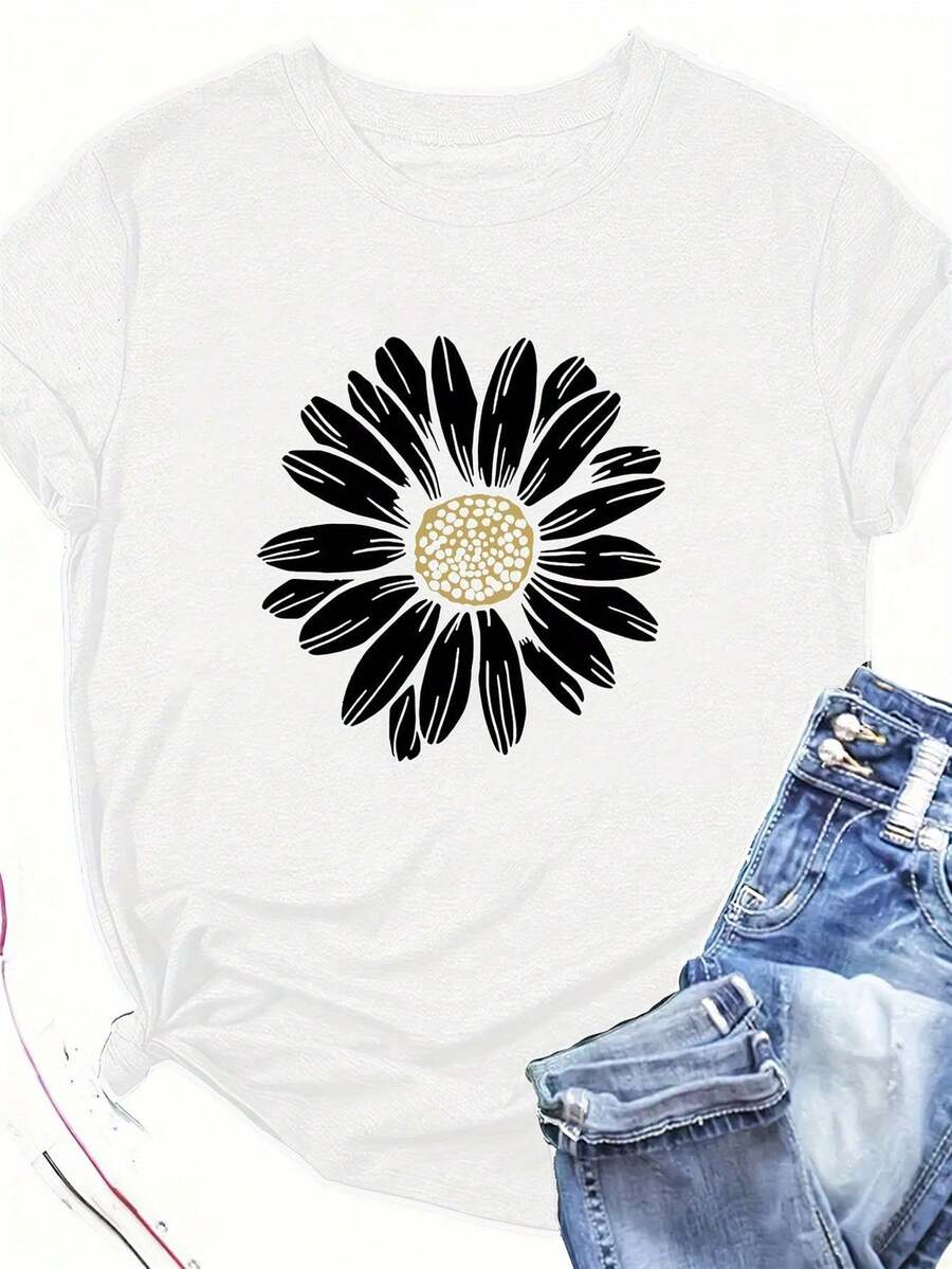 Women's T-Shirt With Black And White Daisy Print, Casual Round Neck Short Sleeve With Yellow Daisy Flower Design, Light Gray With Black Daisies And Brown Centers, Machine Washable, All Season Blouse For Spring Summer, Essential Garment For Everyday Wear - 白色 - 查看 1