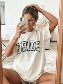 New 2026 Collection: Cotton T-Shirt For Bride, Minimalist T-Shirt For Bride, Wedding, Bachelorette Party, Aesthetic T-Shirt For Bride 3XL, Classic Thick Cotton Short Sleeve Graphic Print T-Shirt For Bachelorette Party, Casual Short Sleeve Top For Women, Short Sleeve Sports T-Shirt. - 杏色 - 查看 5
