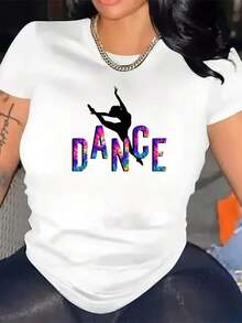 100% Cotton 1 Piece Women's Dance Graphic T-Shirt - Casual Crew Neck Short Sleeve T-Shirt With Colorful "DANCE" Print, Slightly Stretchy Fabric, Perfect For All Seasons, Dance T-Shirt G 100% Soft Cotton Women's Simple Solid Color T-Shirt, Loose And Slim Fit Casual Short Sleeve - 白色的 - 查看 1