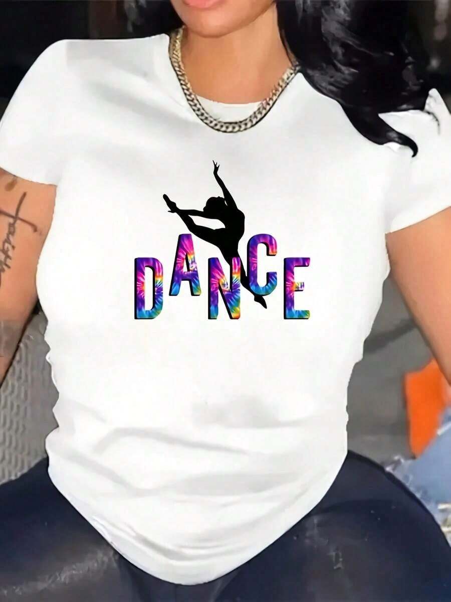 100% Cotton 1 Piece Women's Dance Graphic T-Shirt - Casual Crew Neck Short Sleeve T-Shirt With Colorful "DANCE" Print, Slightly Stretchy Fabric, Perfect For All Seasons, Dance T-Shirt G 100% Soft Cotton Women's Simple Solid Color T-Shirt, Loose And Slim Fit Casual Short Sleeve - 白色的 - 查看 1