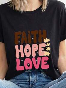 TrendyFaith Hope Love Breast Cancer Awareness T-Shirt With Pink Ribbon For Survivors And Warriors, 100% Cotton, Crew Neck, Retro Style, Groovy Aesthetic, With Inspirational Graphic, Supportive Gift For Women And Mothers - Everyday Wear. - 黑色 - 查看 4