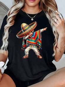 100% Cotton. Figure Of A Man With A Traditional Mexican Hat And Multicolored Poncho Making A Funny Gesture. Women's T-Shirt, 100% Cotton, 220g. Women's Simple Solid Color T-Shirt, Loose And Slim Fit Casual Short Sleeve - 黑色 - 查看 1
