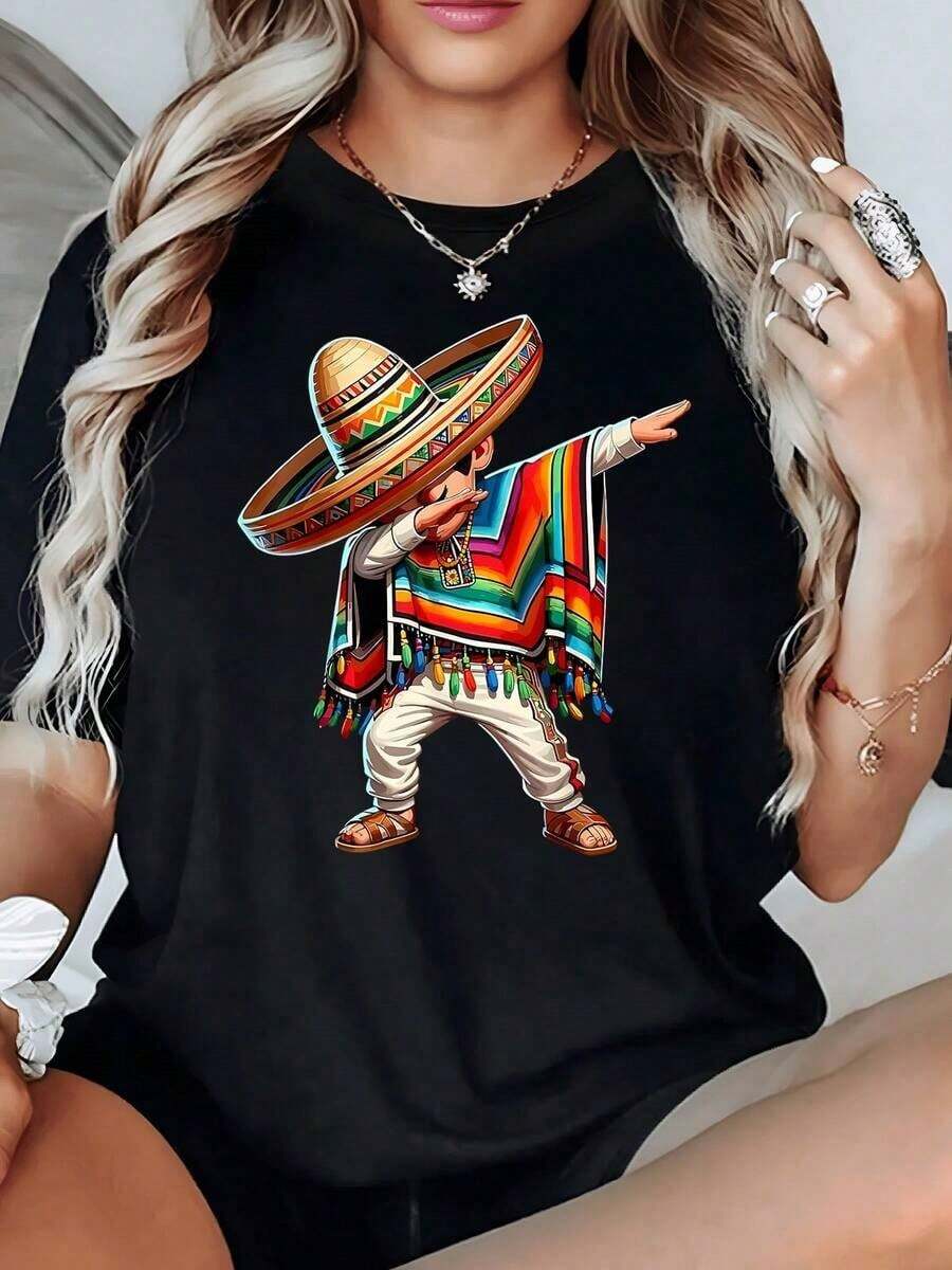 100% Cotton. Figure Of A Man With A Traditional Mexican Hat And Multicolored Poncho Making A Funny Gesture. Women's T-Shirt, 100% Cotton, 220g. Women's Simple Solid Color T-Shirt, Loose And Slim Fit Casual Short Sleeve - 黑色 - 查看 1