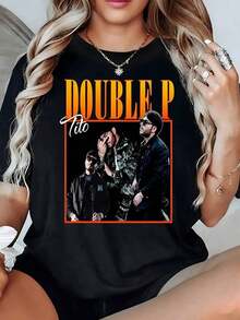 100% Cotton. Artistic Portrait Of Three People With A Dark Background And Striking Typography In Orange And White Tones. Women's 100% Cotton 220g T-Shirt. Women's Simple Solid Color T-Shirt, Loose And Slim Fit Casual Short Sleeve - 黑色 - 查看 1