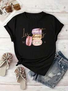 PremiumLoose-Fitting Plus-Size Wo's Summer Clothing, T-Shirt With Macaron Pattern, Suitable For Casual Outings And Afternoon Tea Time, Elegant Wo's Wear, Style: Round-Neck Short-Sleeve, Loose Fit, A Gift For Yourself/Family/Lover/Friends, Cotton TopGift Idea - 黑色 - 查看 1