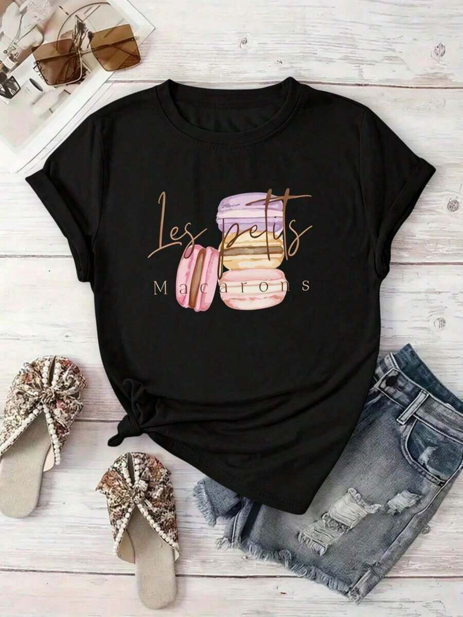 PremiumLoose-Fitting Plus-Size Wo's Summer Clothing, T-Shirt With Macaron Pattern, Suitable For Casual Outings And Afternoon Tea Time, Elegant Wo's Wear, Style: Round-Neck Short-Sleeve, Loose Fit, A Gift For Yourself/Family/Lover/Friends, Cotton TopGift Idea - 黑色 - 查看 1