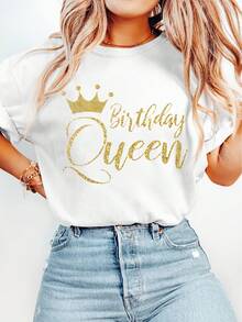 Elegant Short-Sleeved Top For Women With "Birthday Queen" Inscription, Crown Decoration, Serial Print, Soft And Stretchy Round Neck, Ideal For Everyday Wear And Holidays In Spring, Summer And Autumn, Available In [Size Missing], Modern And Breathable Design, A Must-Have For Fashion Lovers. Elegant Party Outfit, T-Shirt For Elegant Ladies, Blouses Suitable For Curvy Women, Casual Wear, Cool And Sweat-Free Summer Clothing, Fun Letter Print. - 白色 - 查看 6
