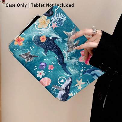 壓克力水晶平板保護殼，海豚、貝殼、海星與花卉圖案，相容於 Honor/Apple 及其他熱門平板型號，可折疊支架，矽膠加固邊角，自動喚醒/睡眠功能，內置筆槽，多角度可調支架 - 完美日常保護，理想禮物