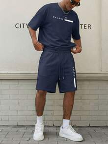 Men's Solid Color Short Sleeve T-Shirt And Shorts Casual Set - Navy Blue - View 3