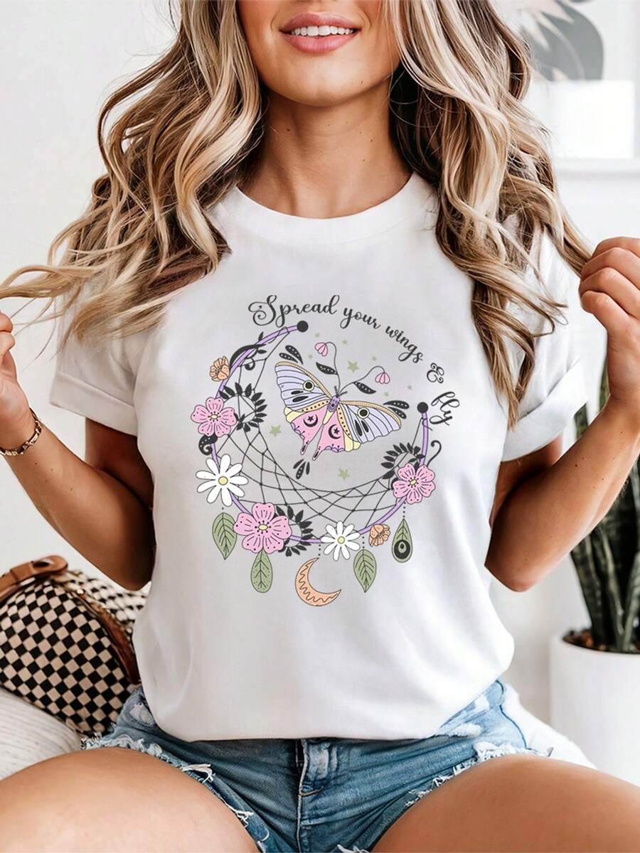 Women's Graphic T-Shirt "Spread Your Wings And Fly" Boho Style Butterfly Bridgecatcher Floral Print Inspirational Slogan T-Shirt Casual Lightweight Short Sleeve Crew Neck Top Gift For Her - 白色 - 查看 1