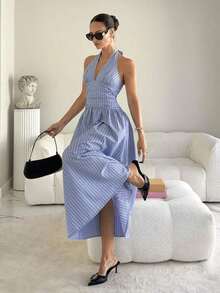 Vestido largo con cintura fruncida y anudada en el cuello - Azul - Ver 2