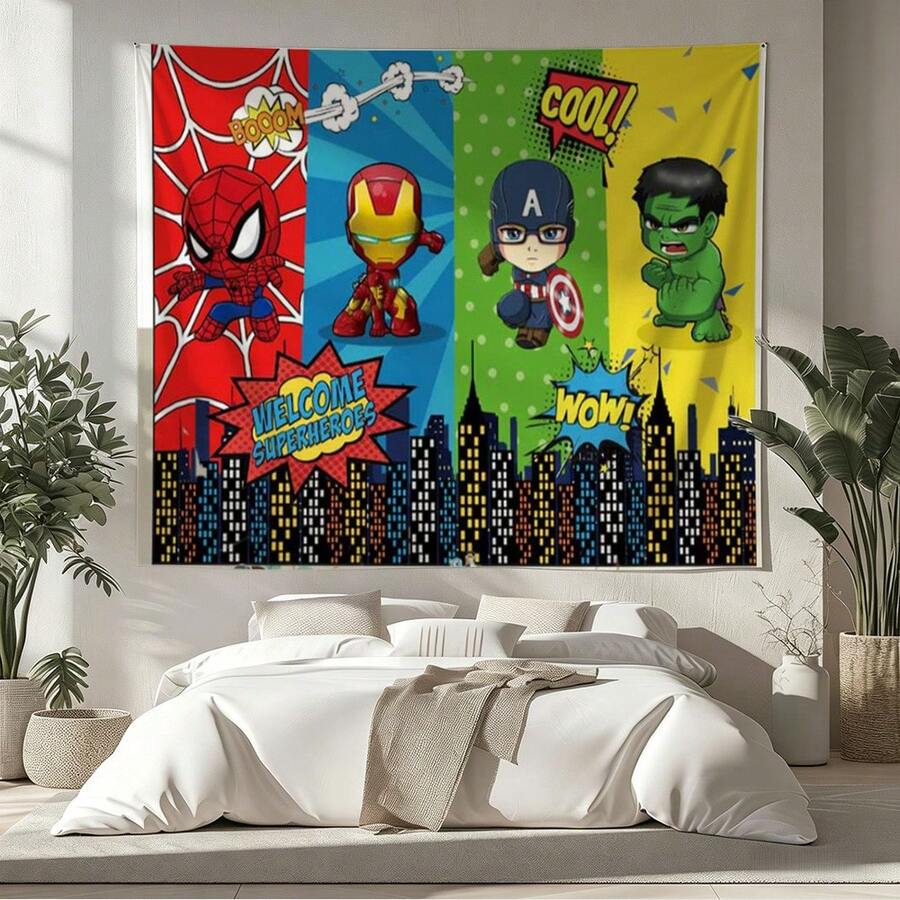 1pc Classic M Arvel Avengers Cartoon Welcome Backdrop S Pider-Man Ir On Man Ca Ptain America H Ulk City Skyline Party Decoration Anime Characters Bedroom Wall Hanging Decor Boys Room Gaming Room Layout Holiday Gathering Photography Background Cake Table Tapestry - Nhiều màu - Xem 1