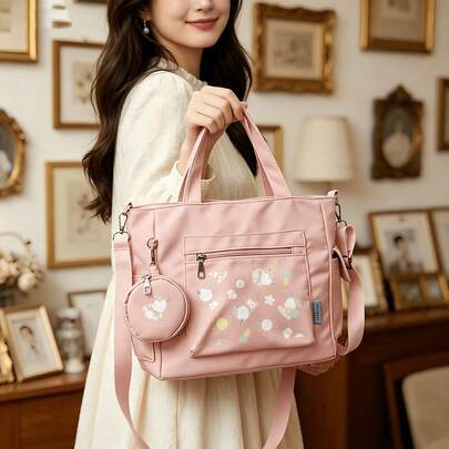 Miniso Bộ 2 túi tote đa năng cỡ lớn in hình Pochacco của Sanrio, màu hồng, kèm ví đựng tiền xu có thể tháo rời, có thể mang theo nhiều cách, lý tưởng cho công việc, du lịch, mua sắm và sử dụng hàng ngày.