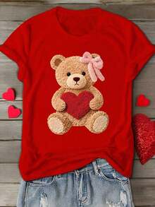 Short-Sleeved T-Shirt With Round Neck And Teddy Bear Print For Valentine's Day, Heart Design, Suitable For Casual Daily Summer Wear - Unisex, Ideal For Casual Daily Outings, Summer Short-Sleeved T-Shirt, Retro Y2K Print T-Shirt. - 紅色 - 查看 1