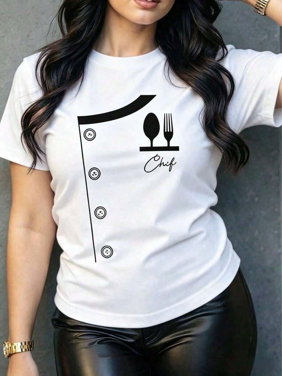 Women's Short-Sleeve T-Shirt With A Fun Chef Print. Original And Modern Design, Ideal For Cooking Enthusiasts. Soft And Comfortable Fabric, Perfect For A Casual And Stylish Look. Express Yourself With This Unique And Personality-Filled Garment! Women's Casual Blouses 100% Cotton - 白色的 - 查看 1