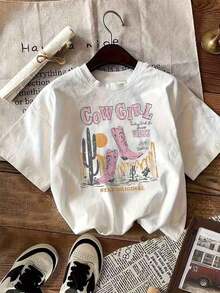 Women's Short-Sleeve Casual Cow Graphic T-Shirt - Short Sleeve, Crew Neck, All-Season White Tee With Pink Denim Design, Soft Cotton Blend, Machine Washable, Casual Wear. Fun Graphic Tee. Stretchy Fabric. Women's Casual Blouses. 100% Cotton. - 白色的 - 查看 6