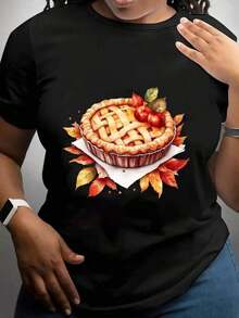 Plus Size Women's T-Shirt, 200 G/M² - Black With Cake Print - Plus Size Casual Wear For Everyday And Thanksgiving - Breathable Essential T-Shirts For Everyday, Women's T-Shirts, Comfortable Summer Clothes, Festive Print T-Shirt, Durable Fabric T-Shirt. - 黑色 - 查看 1