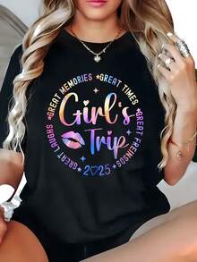 Talla Grande - Talla Grande - Trip 2025 Camiseta Casual de Mujer con Estampado de Letras de Moda para Tallas Grandes - Suave y Mezclada, Top Elástico de Cuello Redondo, Lavable a Máquina, Mangas Cortas - Elección Perfecta para Primavera y Verano - Negro - Ver 7