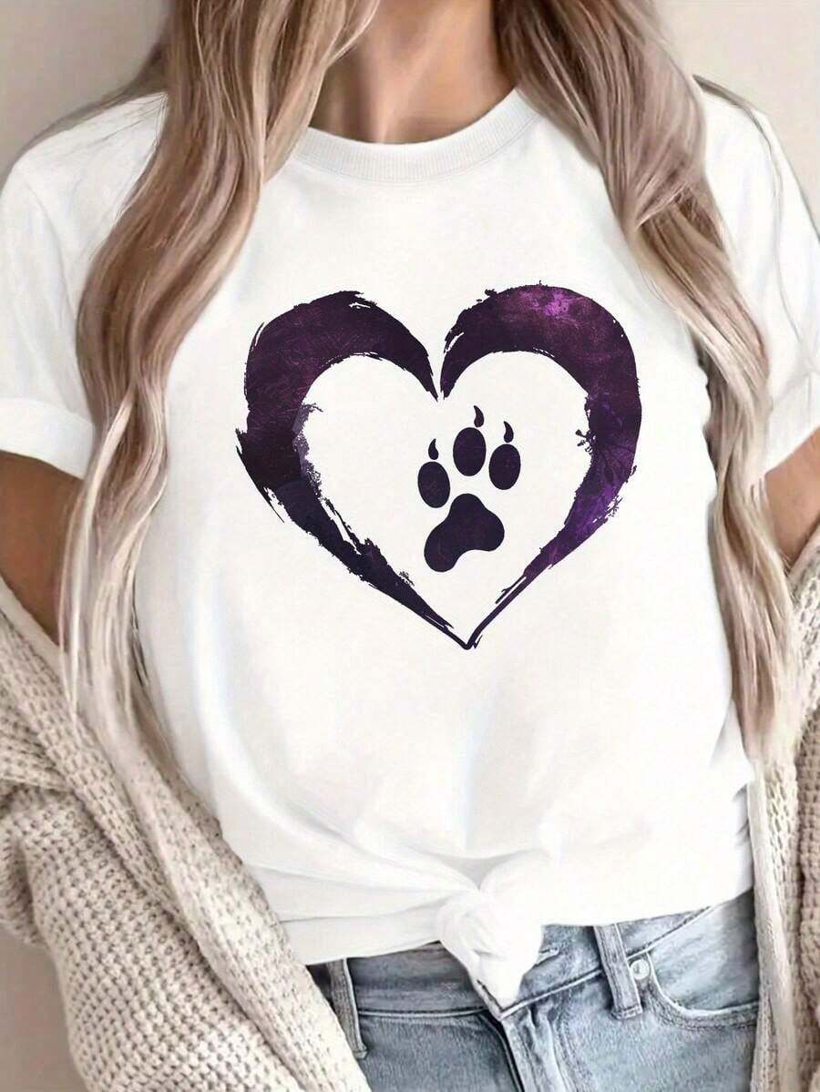1 Piece Fashion Casual For Men And Women: Pure Cotton Women's T-Shirt With Pet Design - Heart-Shaped Paw Print, Casual Crew Neck, Comfortable Fit, Suitable For Both Dogs And Their Owners. QAGB Is Versatile, Easy To Match, Suitable For Everyday Wear, Street Style, Vacation Outfits, And Weekend Wear. - 白色的 - 查看 1