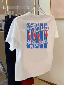 | Exquisite Design | Loose And Comfortable | Easy To Match | Double-Sided Printed T-Shirt, Spicy Mom Club, Red Chili Print, Round Neck, Casual Short Sleeve For Women, Skin-Friendly Fabric, Classic Design For Spring And Summer, A Must-Have Fashion Item For Women. - 白色 - 查看 2