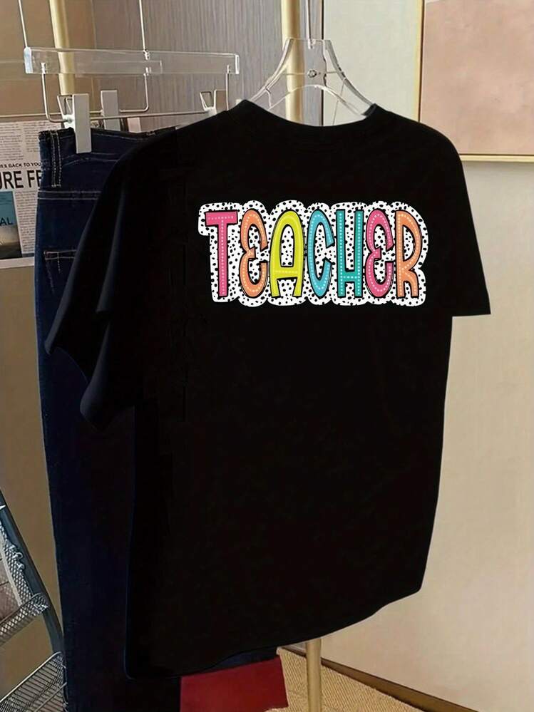 | Exquisite Design | Loose And Comfortable | Easy To Match | Short-Sleeved Printed T-Shirt With Front And Back Designs - Teacher's Day, For Teachers - Fashionable Printed T-Shirt For Women, Spring/Summer,  Item, Versatile And Casual. - màu đen - Xem 2