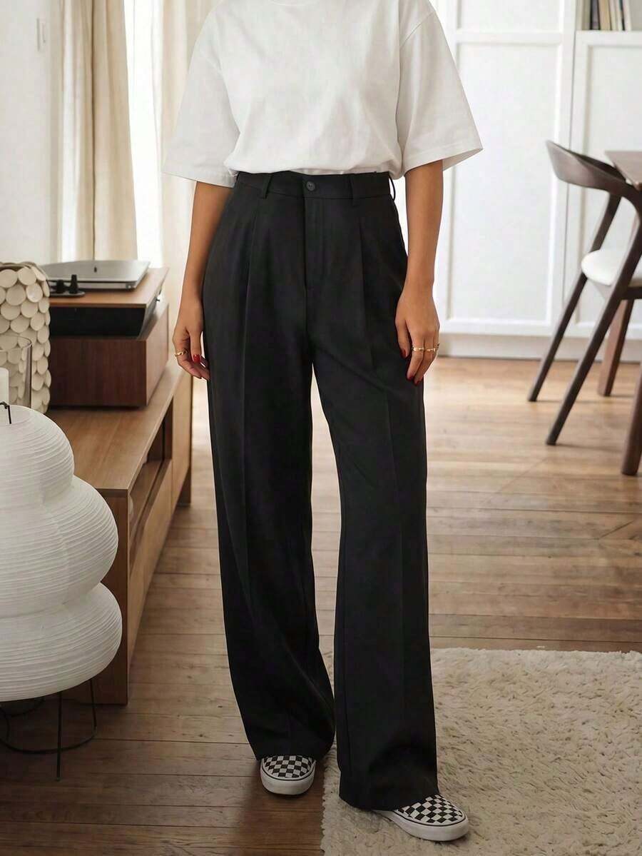 2026 Pantalones de pierna ancha de cintura alta y ajuste delgado para mujer| Estilo callejero bohemio| Adecuado para uso casual, ir al trabajo y vacaciones en primavera/verano Negro - Champán - Ver 1