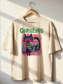 Purple Cat T-Shirt With Art Style And "Gorgeous" Text, Fashionable Short-Sleeve T-Shirt For Spring/Summer 2026, Made In Mexico, 180 Grams. Cartoon Print, Couple Design, Suitable For Indoor Or Outdoor Wear. Crew Neck, Unisex, Ideal For Office And Leisure. One-Pack. - APR-P631577SLNDXZGY612 - 查看 1