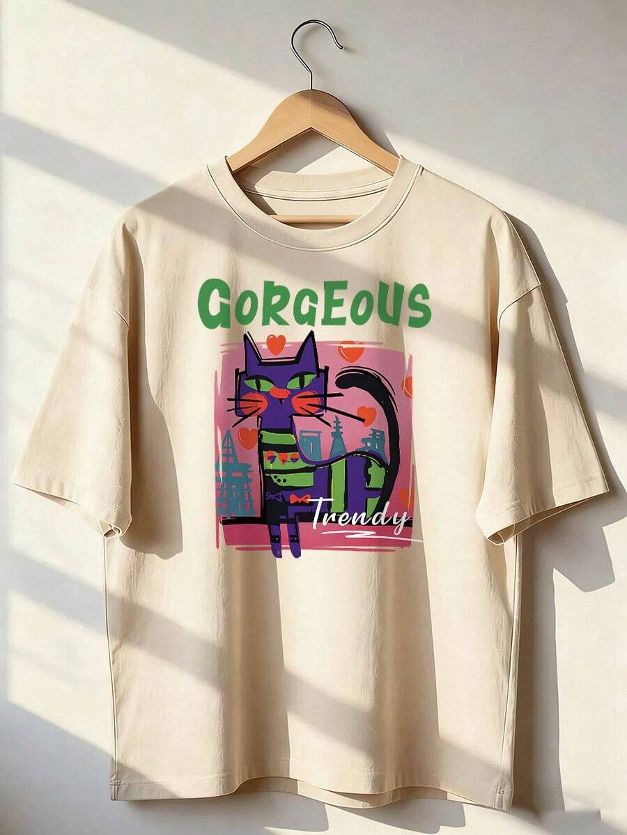 Purple Cat T-Shirt With Art Style And "Gorgeous" Text, Fashionable Short-Sleeve T-Shirt For Spring/Summer 2026, Made In Mexico, 180 Grams. Cartoon Print, Couple Design, Suitable For Indoor Or Outdoor Wear. Crew Neck, Unisex, Ideal For Office And Leisure. One-Pack. - APR-P631577SLNDXZGY612 - 查看 1