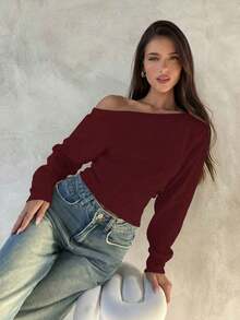 Top de manga larga asimétrico de hombro de punto de color albaricoque para mujer, otoño/invierno - Burdeos - Ver 7