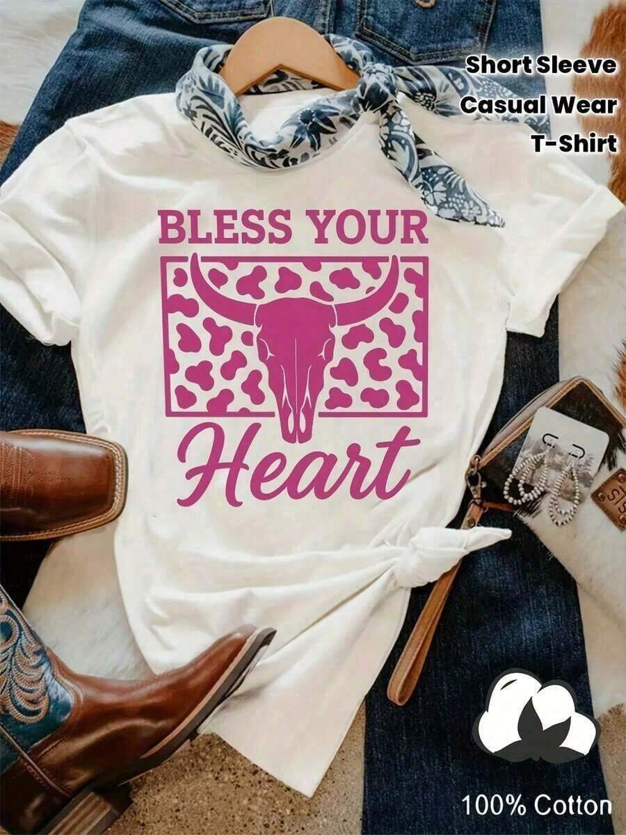 Women's Vintage Graphic Tee - Soft And Breathable Short Sleeve T-Shirt With "Bless Your Heart" Design, Rusty Skull And Leopard Spots, Pink Cursive Lettering And Cow Skull Print For Casual Wear, Western Theme Parties. Breathable And Comfortable. - 白色 - 查看 1