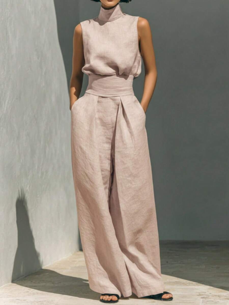 Linen Blend 2-Piece Outfit, Sleeveless High Neck Top & Wide Leg Pants With Waist Belt, Casual Summer Set - 粉色 - 查看 1