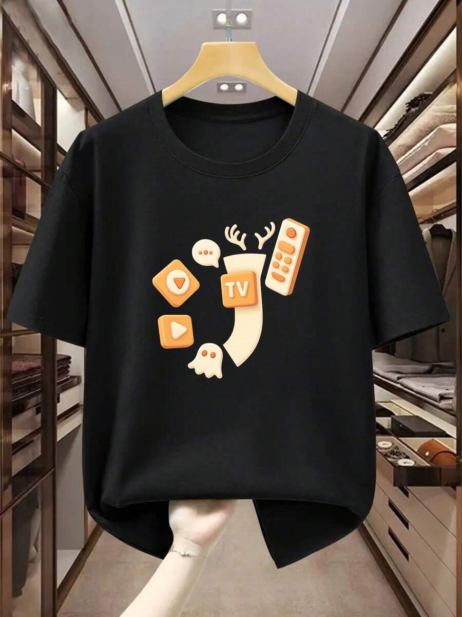 Camiseta de Talla Grande para Hombre, 100% con Estampado de Elementos de TV y Símbolos de Juego, Camiseta de Manga Corta para Hombre, Cómoda y Casual para el Verano - Negro - Ver 1