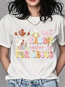 Camiseta de Mujer - Camiseta de Pascua con Diseño de Conejo Divertido y Cruz para Mujeres y Niñas - Regalo de Primavera - Blanco - Ver 7