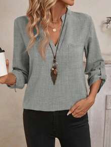 Blusa casual de mujer de unicolor y cuello con muesca, de manga 3/4, versátil y adecuada para uso en la oficina en otoño/invierno, casual - Gris Claro - Ver 6