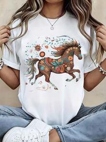 Women's White T-Shirt With Colorful Horse Floral Print And Horse Text, Casual Streetwear For Everyday Wear - 白色 - 查看 1
