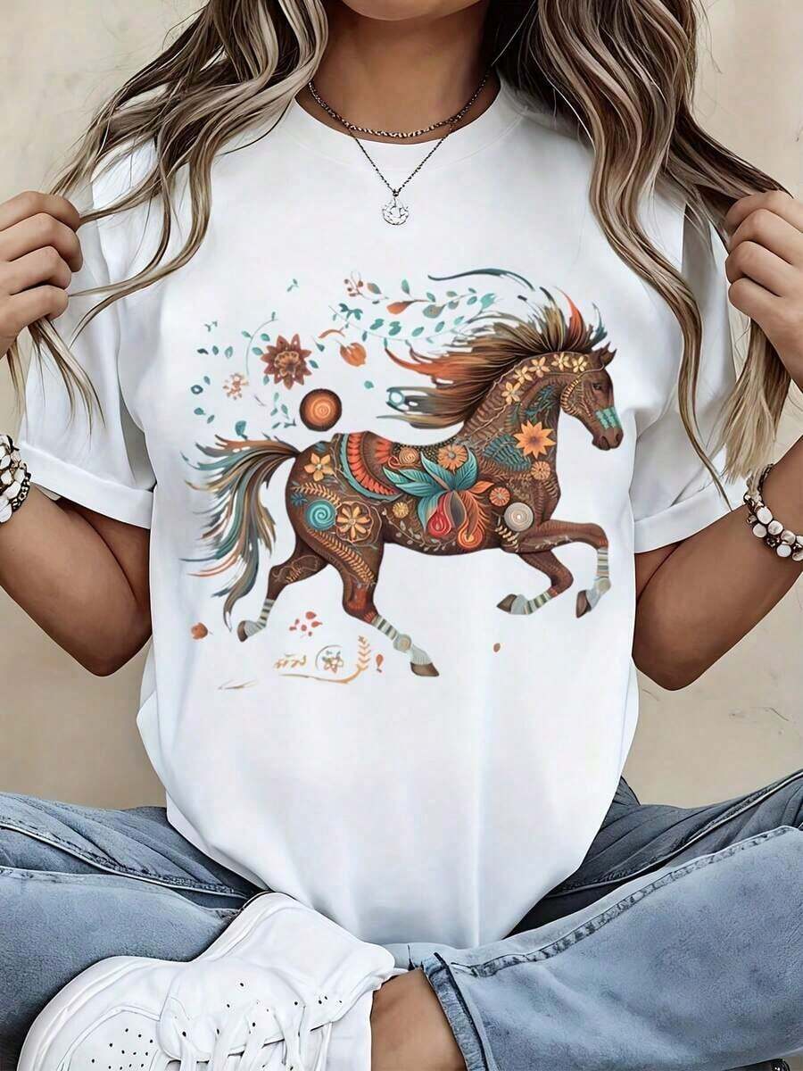 Women's White T-Shirt With Colorful Horse Floral Print And Horse Text, Casual Streetwear For Everyday Wear - 白色 - 查看 1