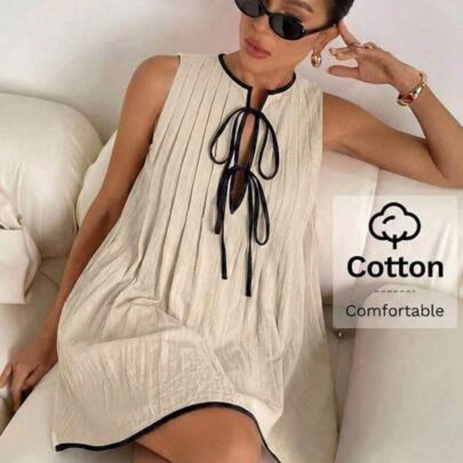 Vestido mini sin mangas con lunares en contraste para mujer - Albaricoque - Ver 1