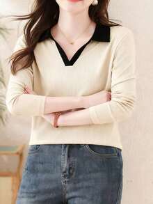 Camiseta de manga larga con cuello de polo para mujer, prenda exterior de moda, jersey informal de primavera, 2025 Nuevo otoño - Albaricoque - Ver 4