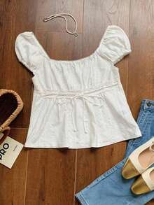 de manga corta casual y versátil con cuello cuadrado para mujer, top amarillo de verano - Blanco 2 - Ver 5