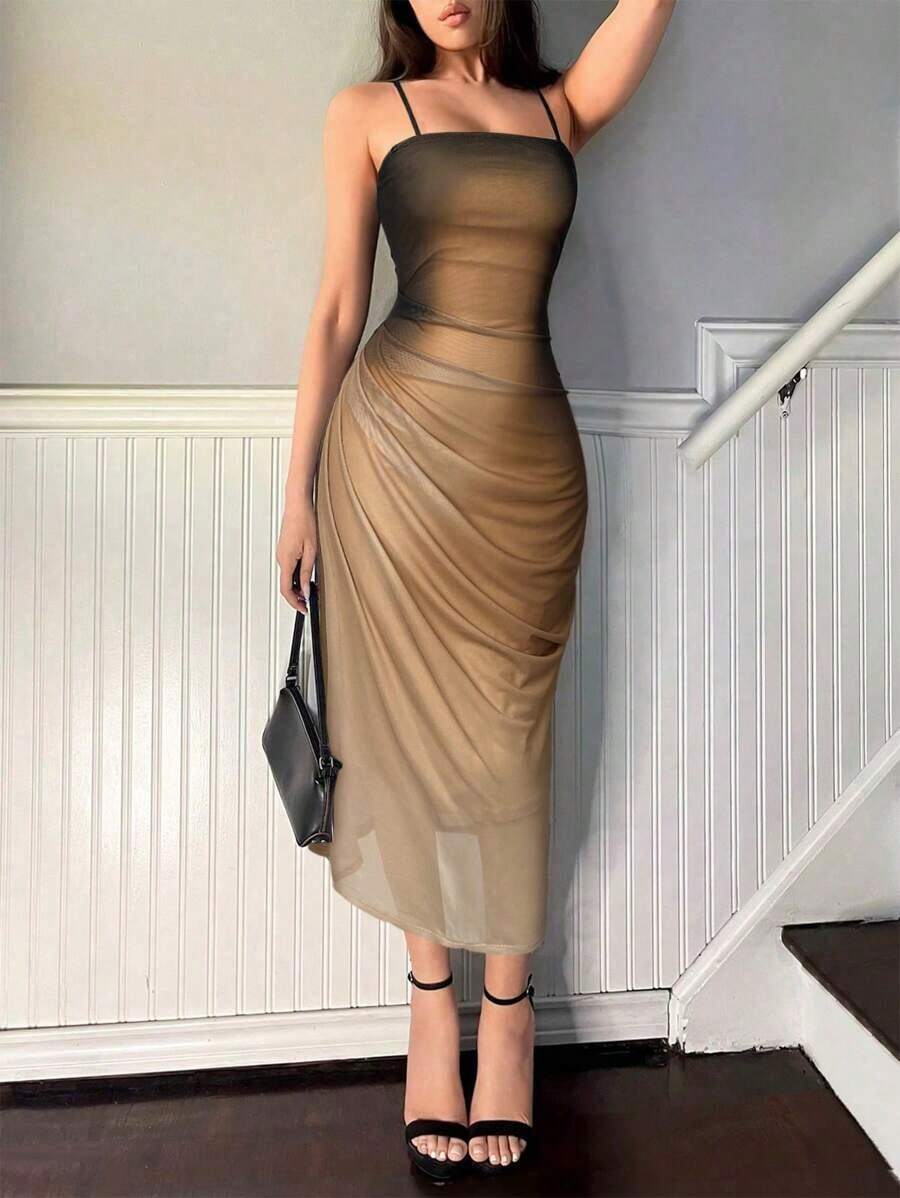 Vestido de tirantes de malla degradado elegante para mujer, de verano - Caqui - Ver 1